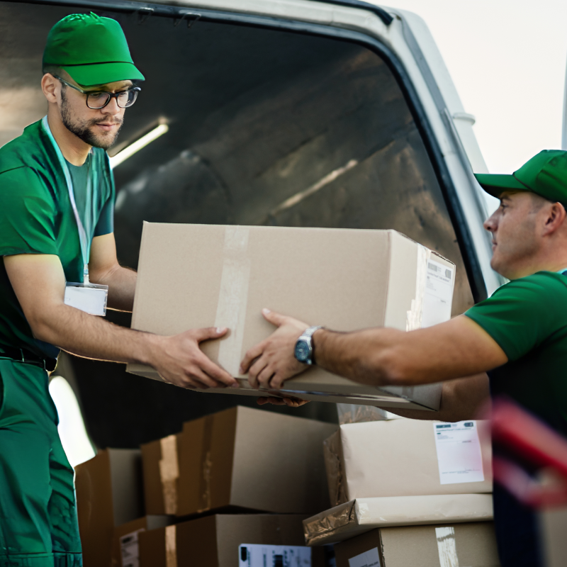 dois entregadores retirando encomenda de dentro de uma van de transporte de cargas